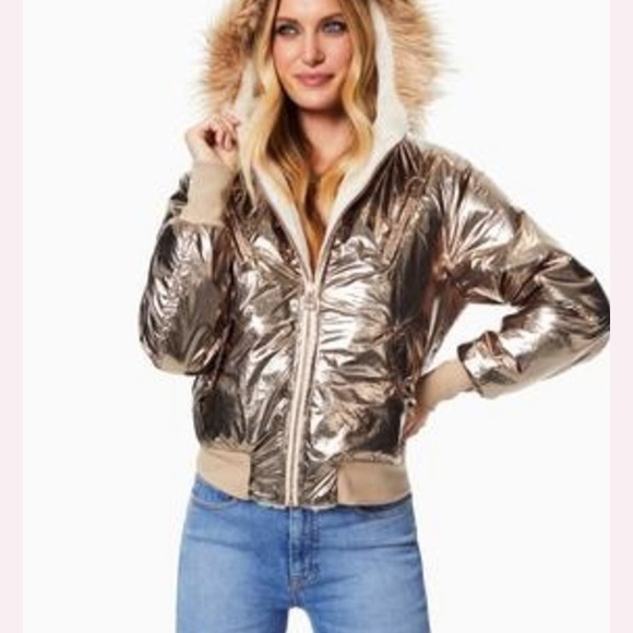 Ramy Brook Julian Reversible Jacket Faux Fur& Rose Gold Metallic Bomber Small - Picture 2 of 14